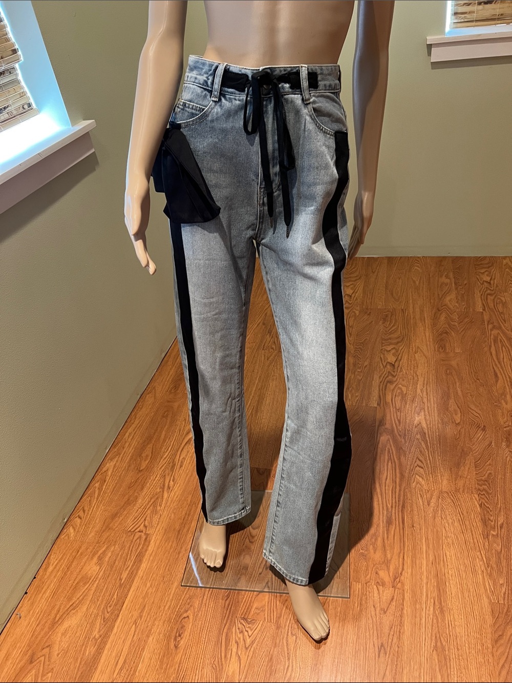 MicasBlue Jeans with Black Tuxedo Stripes Bow Black Lace Tie Up on Front XS